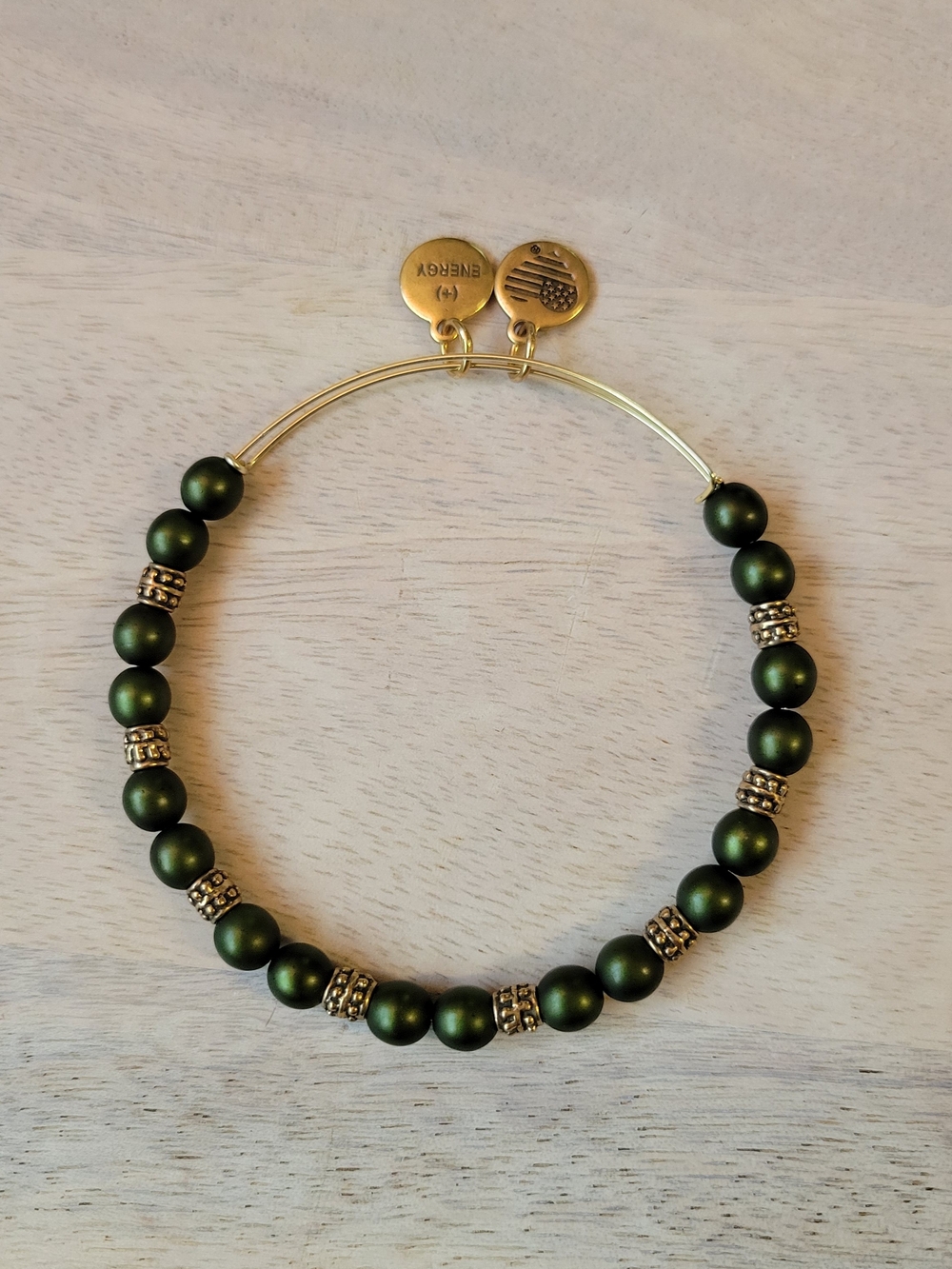 Alex and Ani Olive Green Beaded Expandable Bracelet with Gold Accents